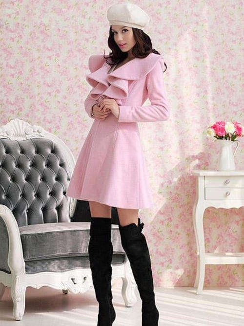 Flouncing Long Woolen Pink Winter Coat
