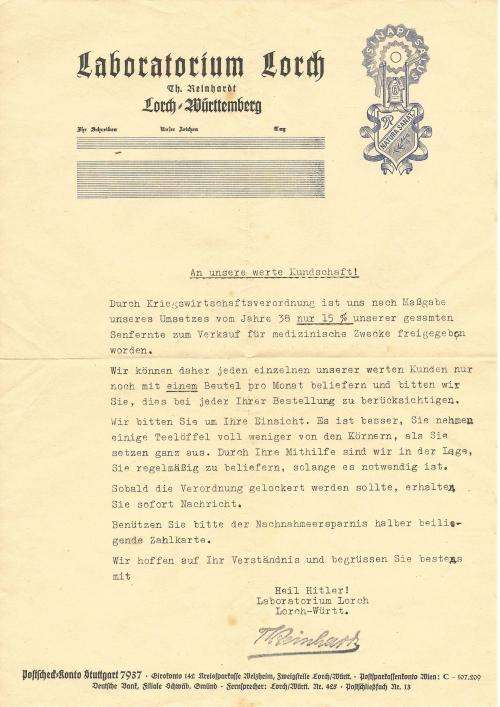 Second World War Letter of German Mustard Producer to ration produce