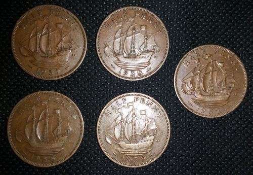 5x Half Penny United Kingdom 1937, 1938, 1938, 1939, 1952