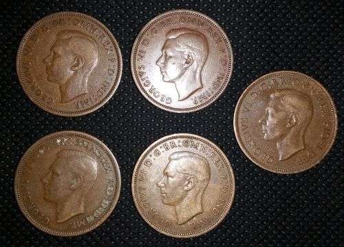 5x Half Penny United Kingdom 1937, 1938, 1938, 1939, 1952