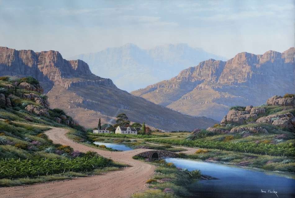  Paul Munro (SA Born) Oil, Mountain Landscape with Cottages, Signed, 60 x 90 - Unframed