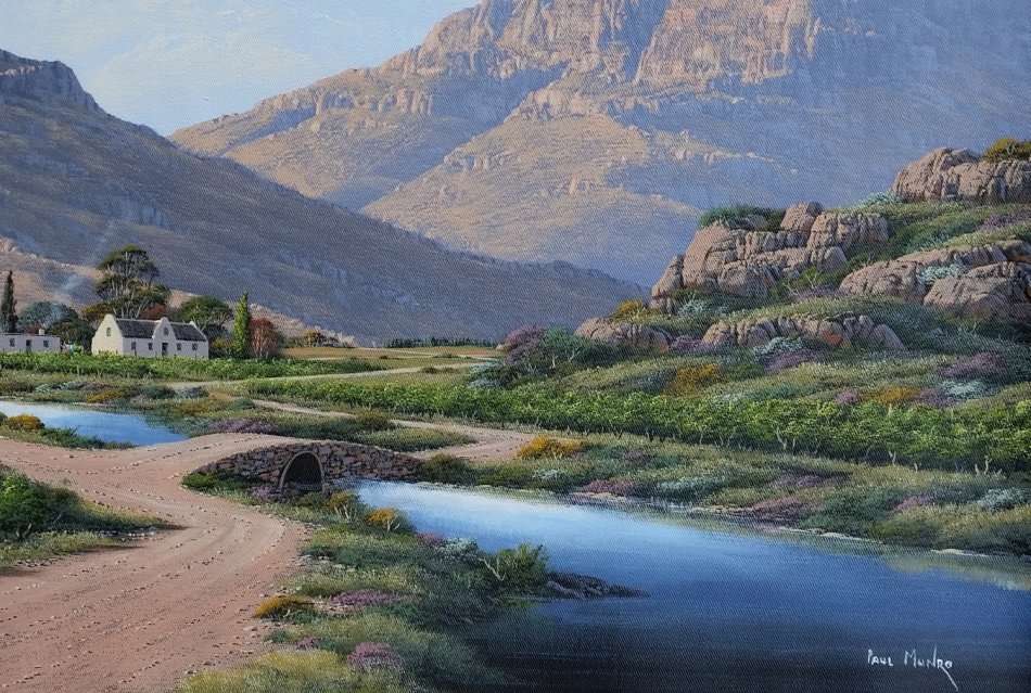  Paul Munro (SA Born) Oil, Mountain Landscape with Cottages, Signed, 60 x 90 - Unframed