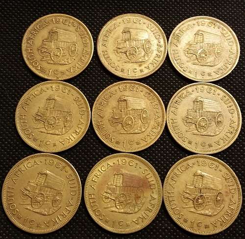 1961 One Cent South Africa First Decimal Series -  Lot of 9