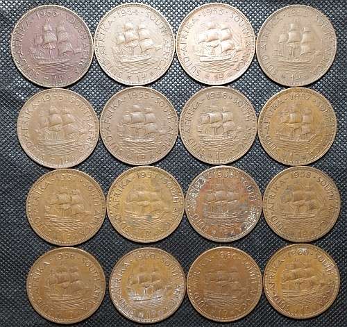 One Penny ( 1d )  Union of South Africa Lot of 16 Coins Elizabeth II