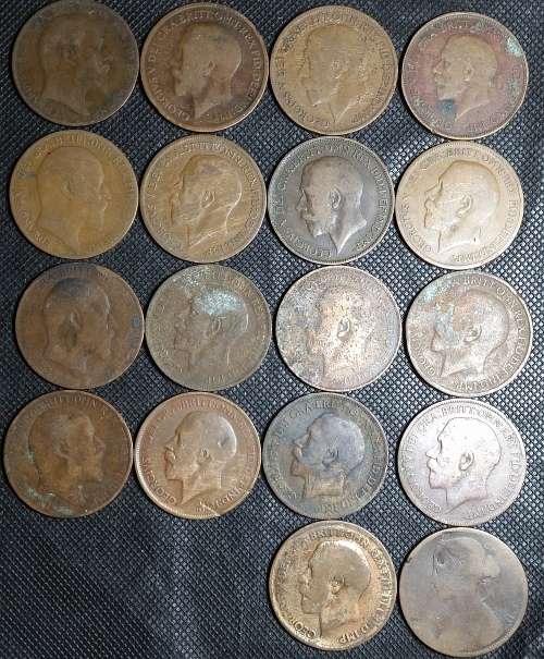 One Penny English Lot of 18 Coins from 1867 Queen Victoria to 1936 George V