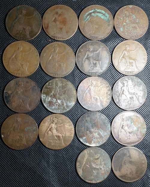One Penny English Lot of 18 Coins from 1867 Queen Victoria to 1936 George V