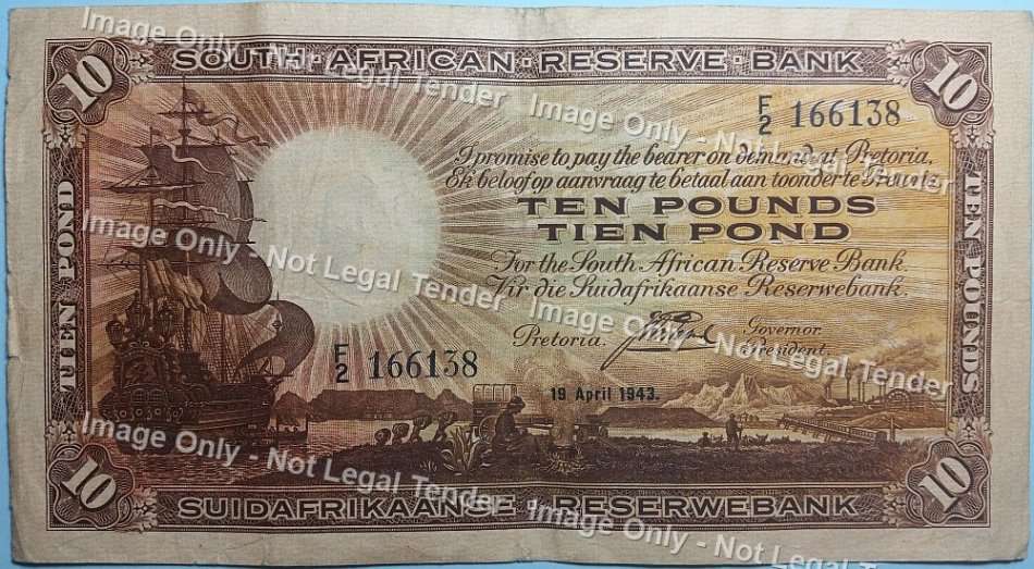 Ten Pounds / Tien Pond - Union of South Africa - First Issue E/A - 1943 First Year of Issue