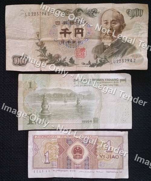 3x Notes: Japanese 1,000 Yen - Chinese 1 Yi Jiao - Chinese 1 Yuan