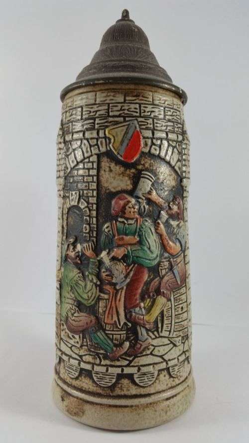 Gerz Beer Stein West Germany - Detailed Tavern Scene Embossed with Rich Colours - Pewter Lid