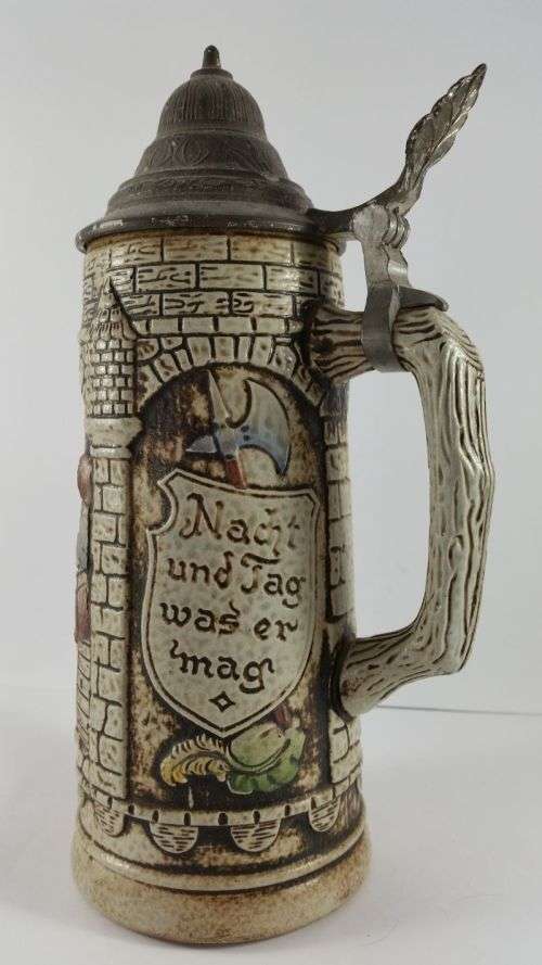Gerz Beer Stein West Germany - Detailed Tavern Scene Embossed with Rich Colours - Pewter Lid