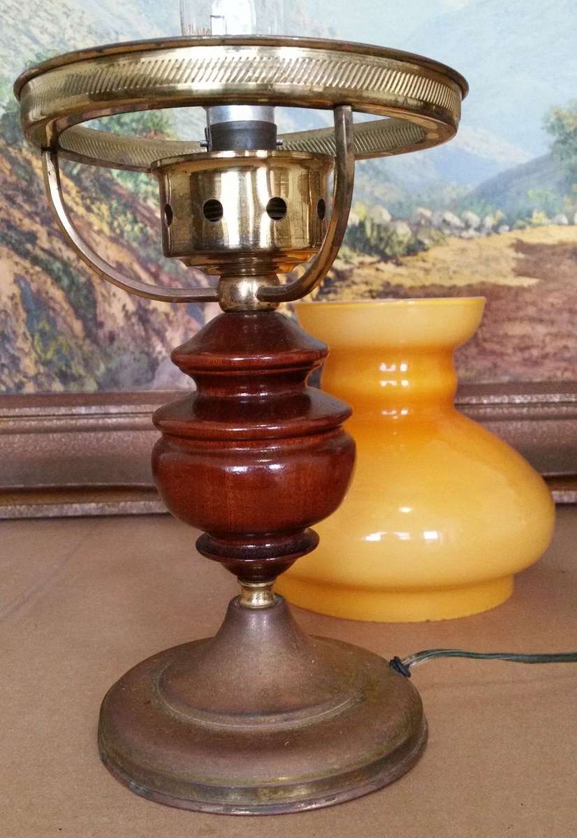 Pair of Bedside Lamps - with Student Style Buff Gold Shades - Wood and Brass Coloured Base