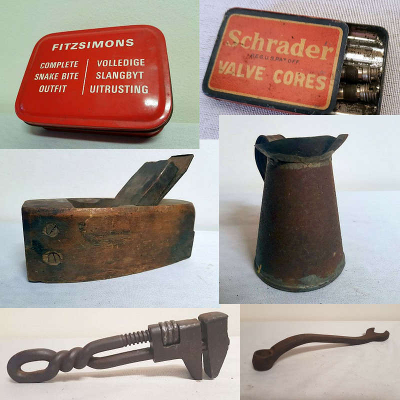 Lot of Fitzimmons Snake Bite Tin, Twisted Wire Wrench, Ford Offset Spanner, Shrader Tin, Block Plane