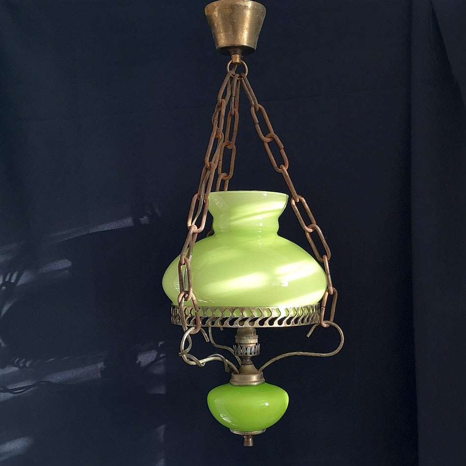 1950's Electric Swag Lamp or Hanging Lamp - Lime Green Ceramic Base with Shade