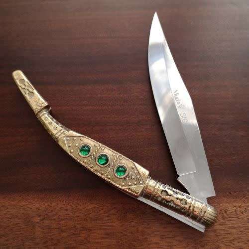 Muela Sigla XVIII Spain - Navaja Folding Knife Brass Handle with Green Glass Stones