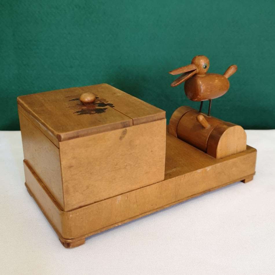 1930's Treen Wooden Mechanical Bird - Cigarette Dispenser Pecking Bird with French Inlay Marquetry
