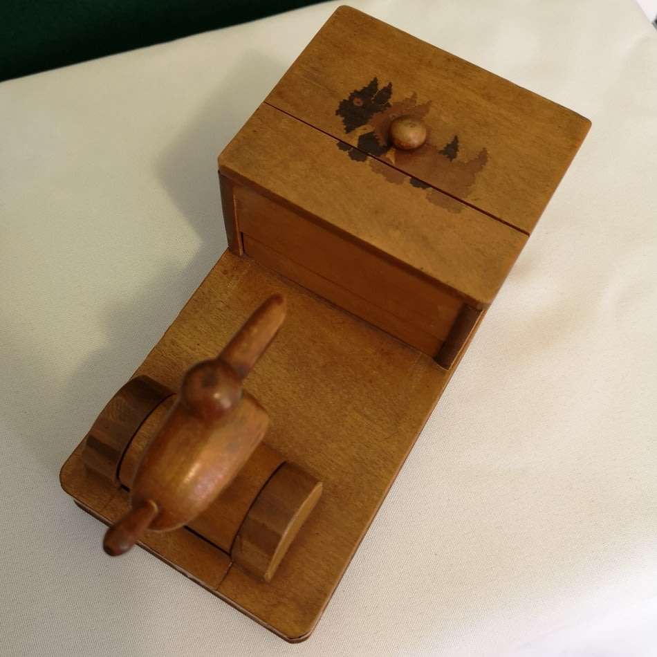 1930's Treen Wooden Mechanical Bird - Cigarette Dispenser Pecking Bird with French Inlay Marquetry