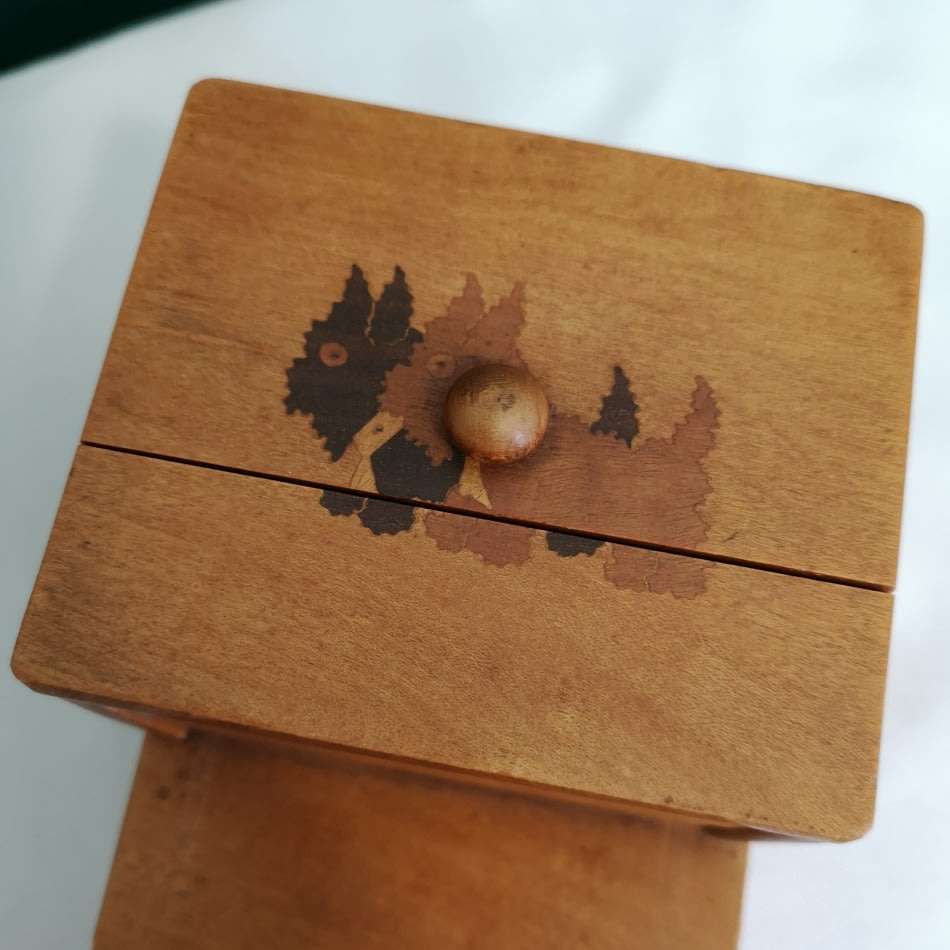 1930's Treen Wooden Mechanical Bird - Cigarette Dispenser Pecking Bird with French Inlay Marquetry