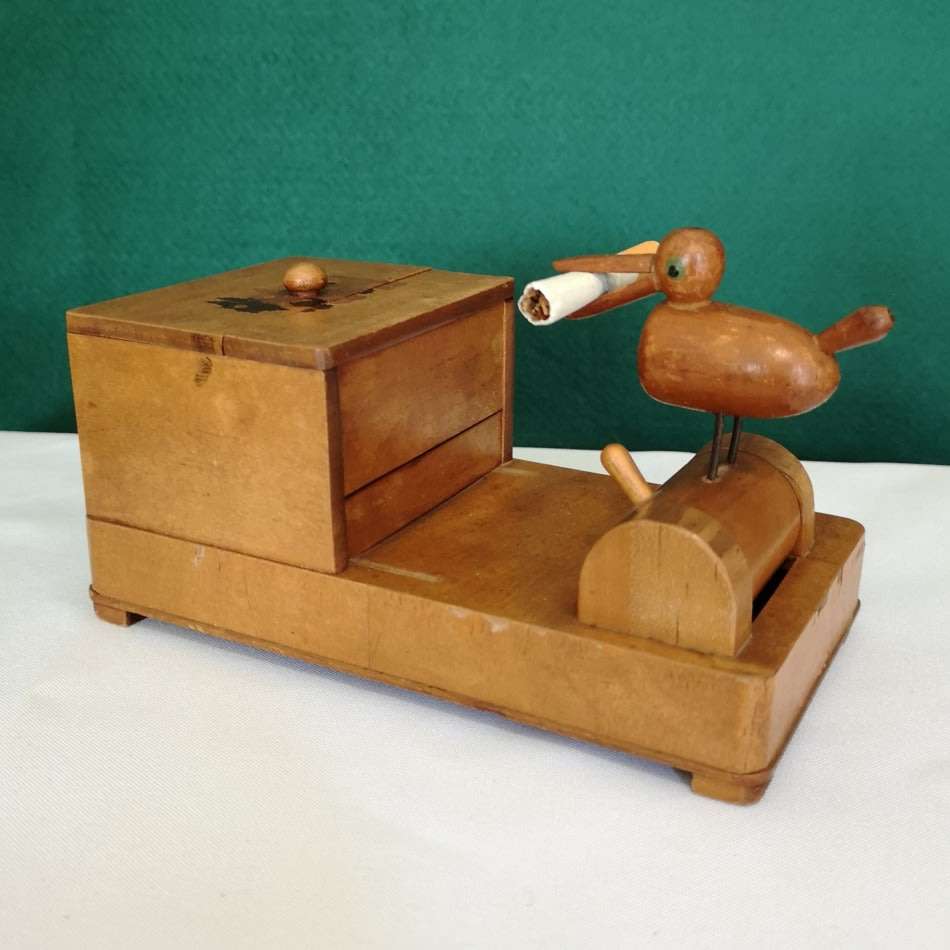 1930's Treen Wooden Mechanical Bird - Cigarette Dispenser Pecking Bird with French Inlay Marquetry