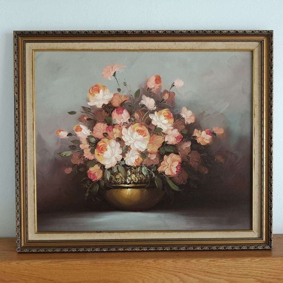 Floral Still Life: Bouquet of Roses displayed in Golden Bowl