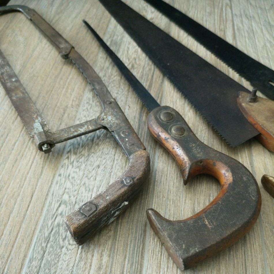 Collection of Vintage Wood Saws - Keyhole Padsaw - Twin Blade Saw - Wood Handle Hacksaw