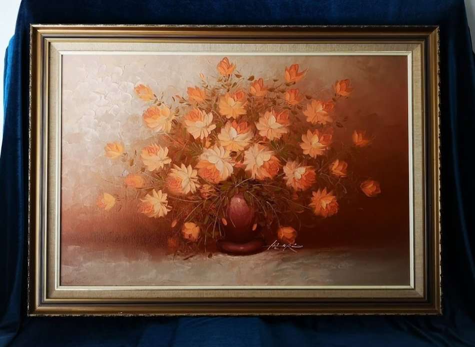 Oil on Board, Painting of Still Life with Flowers in Vase