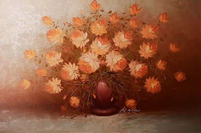 Oil on Board, Painting of Still Life with Flowers in Vase