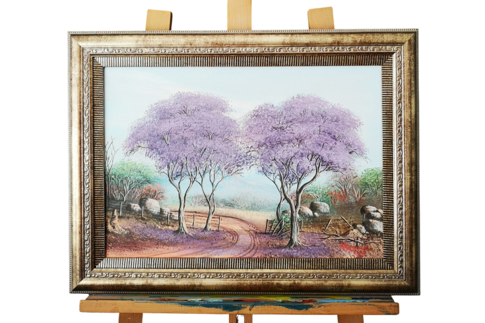Perkins Machingura Chigude (Zimbabwe) oil on board, Jacaranda in full bloom