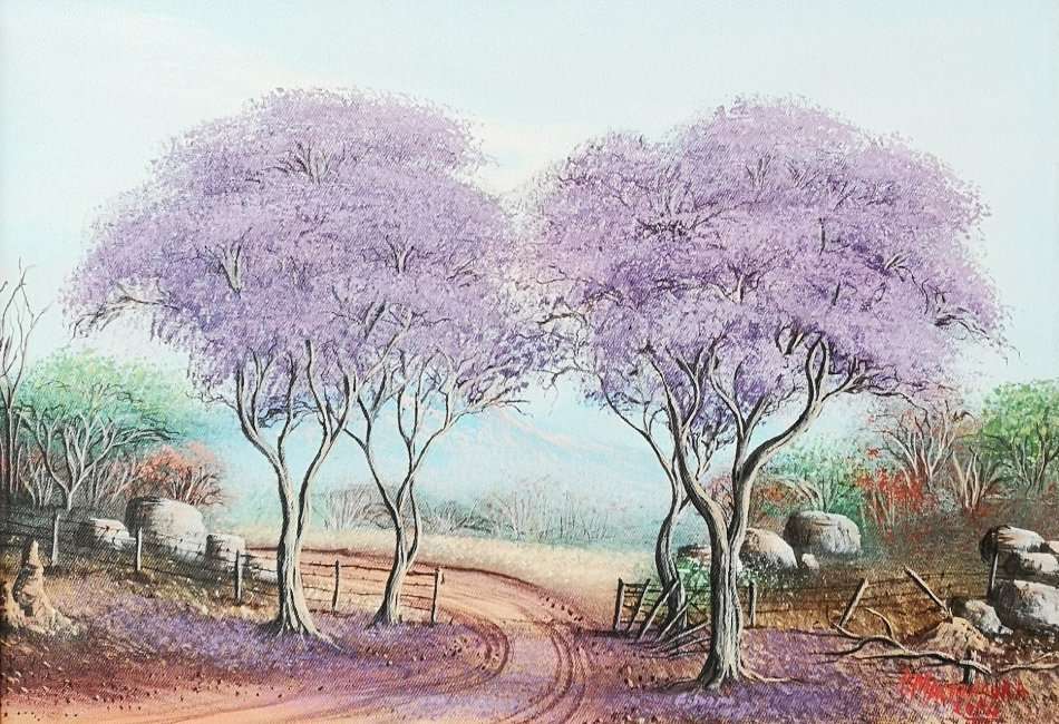 Perkins Machingura Chigude (Zimbabwe) oil on board, Jacaranda in full bloom