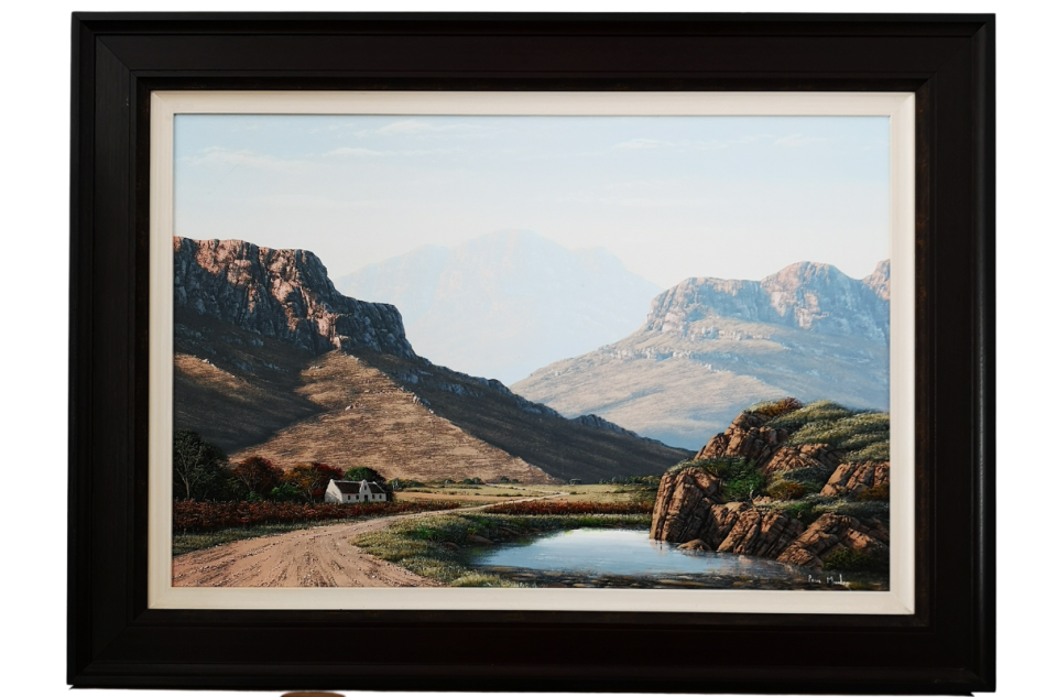 Paul Munro (SA) oil on board, a visually stunning landscape with cottage