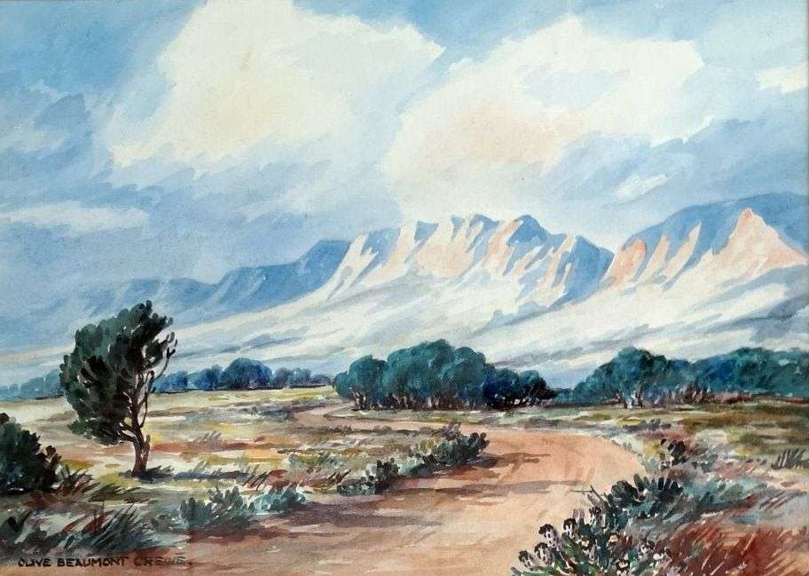 Olive Beaumont Crewe (SA) signed watercolor of a serene Cape mountain scene