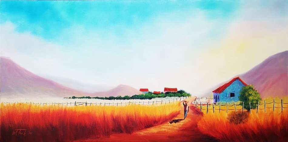 Margaret Tuck (SA), oil on canvas in bright, vibrant colors of a rural setting, signed M Tuck