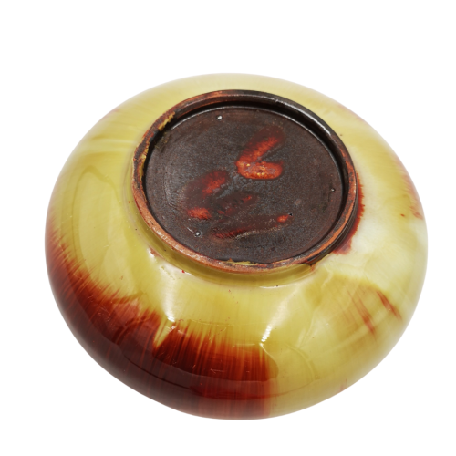 Linnware green and brown-glazed bowl in compressed circular form, authentic South African pottery