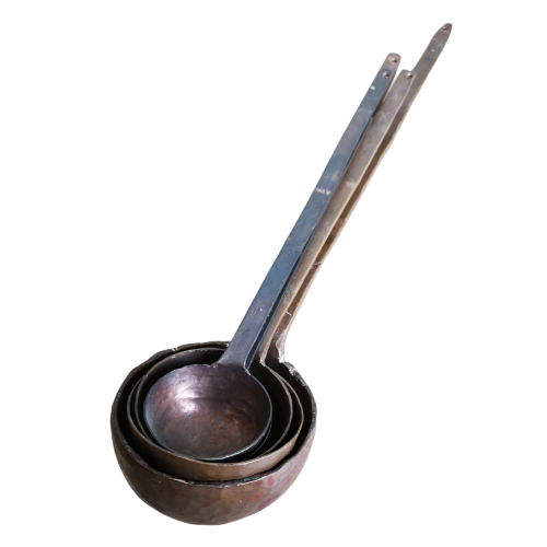 Set of 5 Middle Eastern hand crafted hammered copper ladles, early to mid 1900s