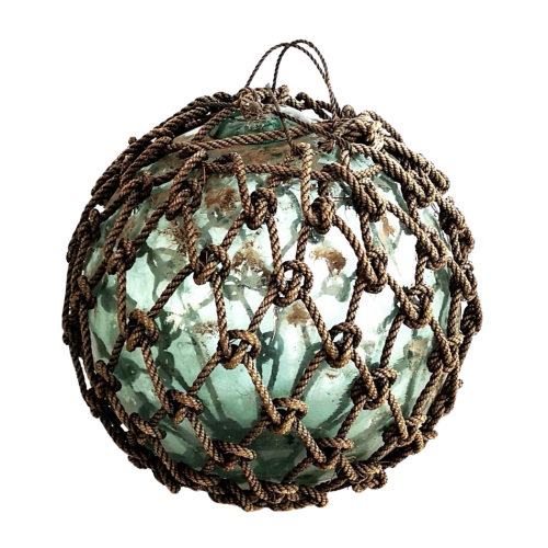Japanese glass fishing float with rope net +-22cm diameter, early 1900s