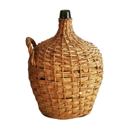 French Demijohn Glass Wine Bottle Handwoven Basket, large