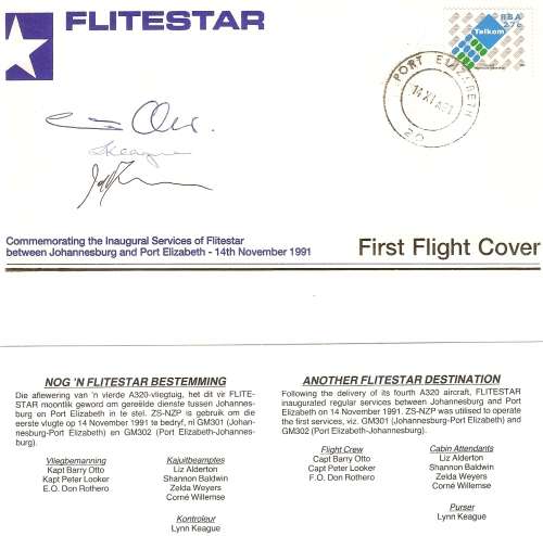 FLITESTAR  no 6 signed by crew first flight  PORT ELIZABETH TO JHB