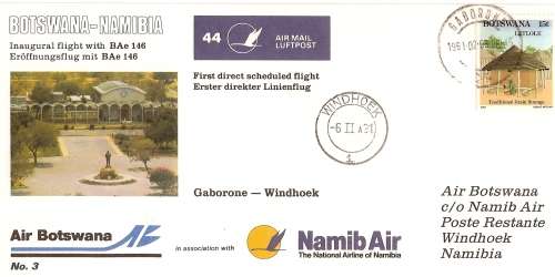 AVIATION NAMIBIA FIRST FLIGHT COVER  NO 44 GABARONE  TO WINDHOEK  UNSIGNED