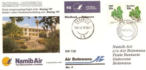 AVIATION NAMIBIA FIRST FLIGHT COVER  NO 45  WINDHOEK TO GABORONE  UNSIGNED