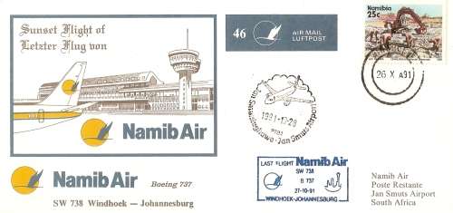 AVIATION NAMIBIA FIRST FLIGHT COVER  NO 46   WINDHOEK TO JOHANNESBURG  UNSIGNED
