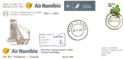 AVIATION NAMIBIA FIRST FLIGHT COVER  NO 47   WINDHOEK TO TSUMEB UNSIGNED