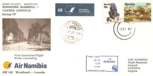 AVIATION NAMIBIA FIRST FLIGHT COVER  NO 48   WINDHOEK TO LUANDA  UNSIGNED