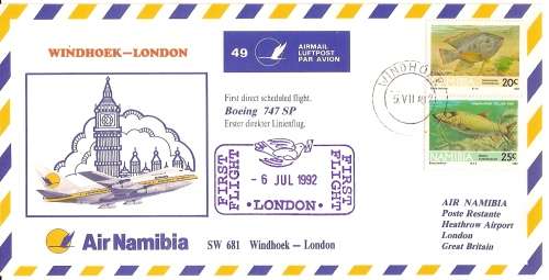 AVIATION NAMIBIA FIRST FLIGHT COVER  NO 49   WINDHOEK TO LONDON   UNSIGNED