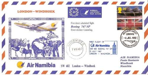 AVIATION NAMIBIA FIRST FLIGHT COVER  NO 50  LONDON  TO WINDHOEK   UNSIGNED