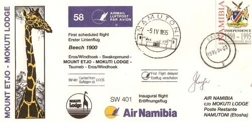 AVIATION NAMIBIA FIRST FLIGHT COVER  NO 58 MOUNT ETJO TO MOKUTI LODGE   UNSIGNED