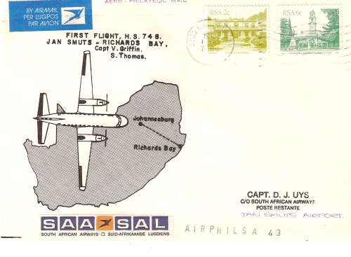 AVIATION AIRPHILSA NO 43  FIRST FLIGHT HS 748 RICHARDS BAY TO JAN SMUTS ROLLER CANCELLOR    UNSIGNED