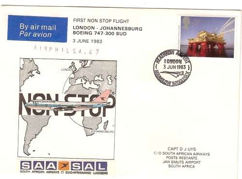 AVIATION AIRPHILSA NO 4  FIRST FLIGHT LONDON TO JOHANNESBURG BOEING 747    UNSIGNED