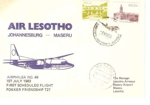 AVIATION AIRPHILSA NO 49     FIRST FLIGHT AIR LESOTHO JAN SMUTS AIRPORT TO MASERU  UNSIGNED