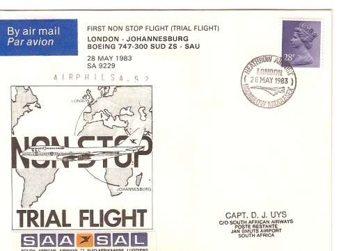 AVIATION AIRPHILSA  52 LONDON TO JOHANNESBURG  TRIAL FLIGHT BOEING 747 UNSIGNED