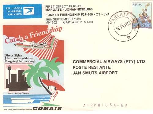AVIATION AIRPHILSA  58 COMAIR FIRST DIRECT FLIGHT FROM  TO MARGATE  TO JAN SMUTS  UNSIGNED