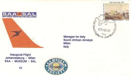 AVIATION  SAA MUSEUM COVER N0 12 JHB TO MILAN UNSIGNED